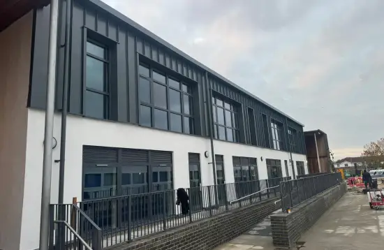 Ash & Lacy Ashzip 400mm flat pan built up aluminium Standing Seam Roofing & Cladding System in Slate Grey for a private school in London